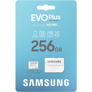 Samsung EVO Plus (2024) microSD, 256 GB, U3, V30, A2, UHS-I + Adaptor SD